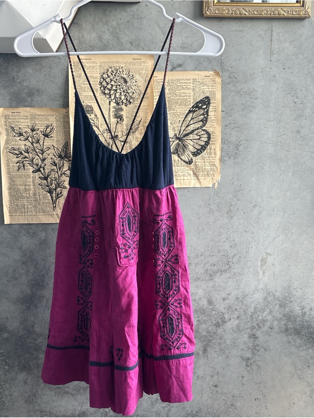 Free People navy and magenta embroidered tank top